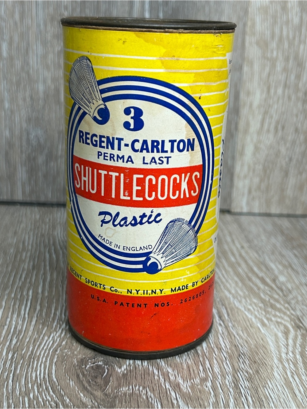 Vintage Regent Carlton Badminton Shuttlecock Canister Metal Cardboard Tube